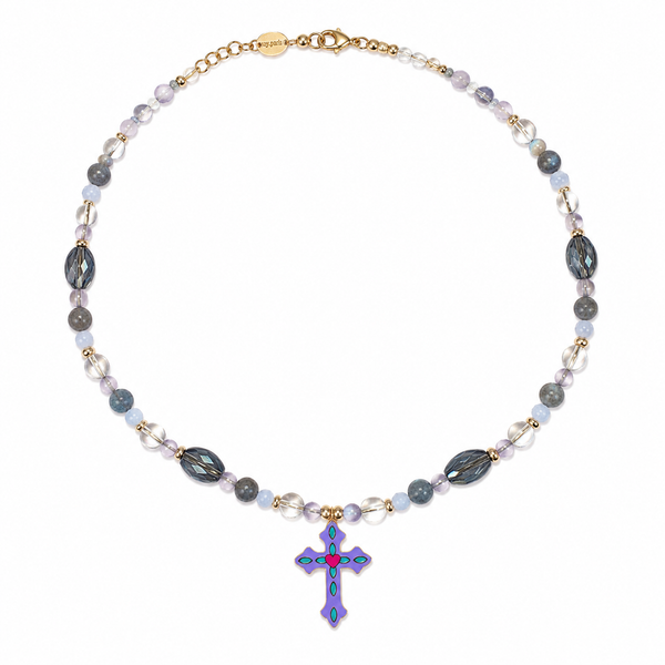 Collier ras de cou - croix émaillée et perles semi-précieuses